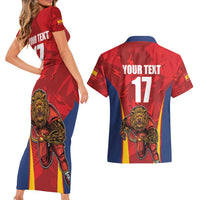 Custom Espana Rugby Spain Couples Matching Short Sleeve Bodycon Dress and Hawaiian Shirt Lion Mascot Come on Los Leones Red Style