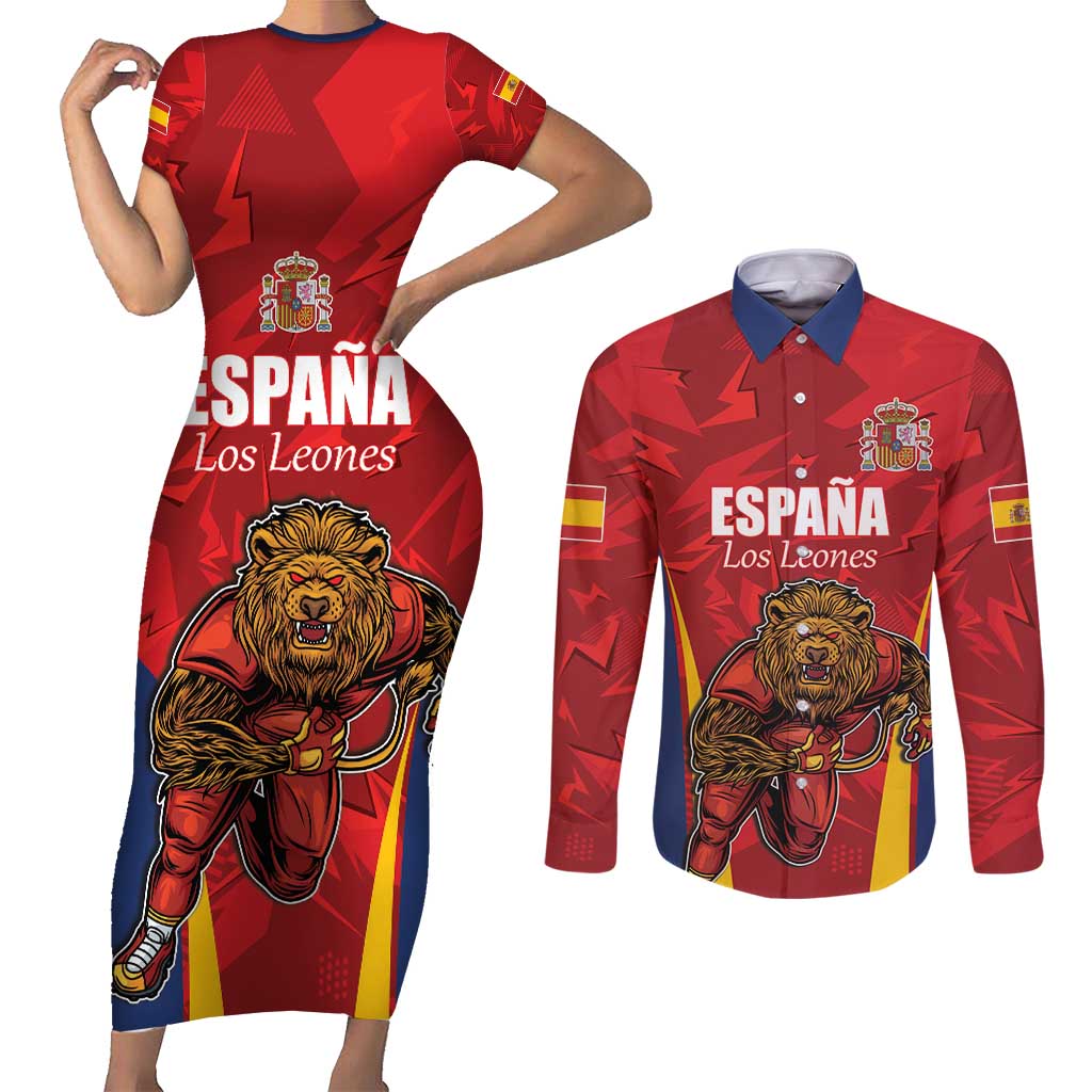 Custom Espana Rugby Spain Couples Matching Short Sleeve Bodycon Dress and Long Sleeve Button Shirt Lion Mascot Come on Los Leones Red Style