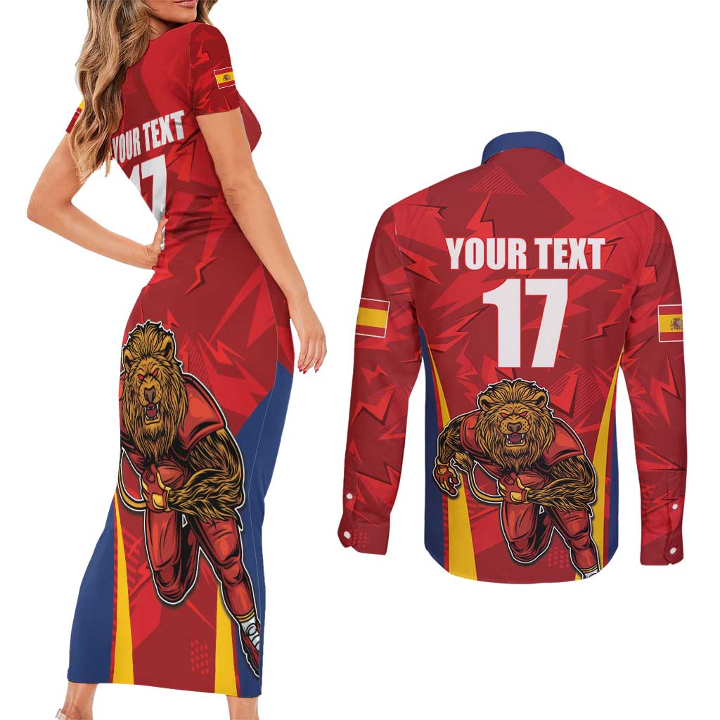 Custom Espana Rugby Spain Couples Matching Short Sleeve Bodycon Dress and Long Sleeve Button Shirt Lion Mascot Come on Los Leones Red Style