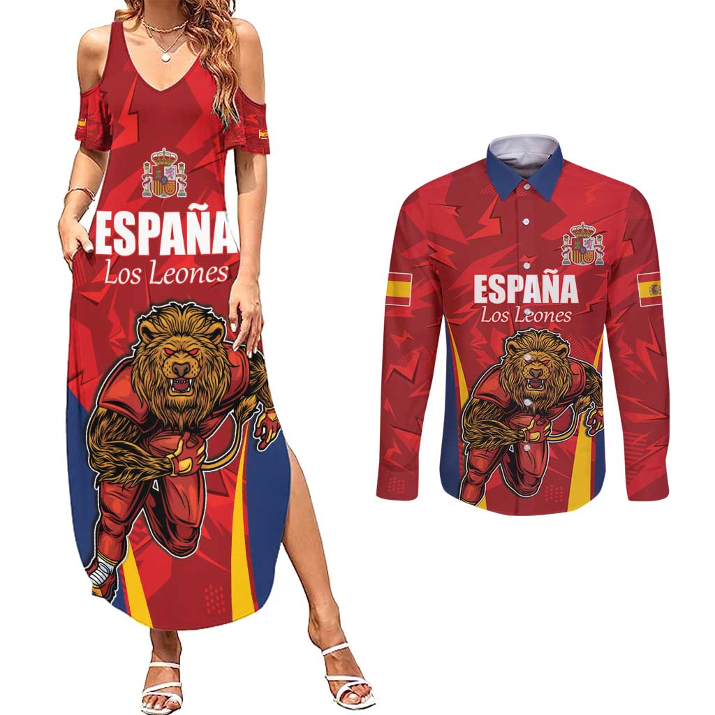 Custom Espana Rugby Spain Couples Matching Summer Maxi Dress and Long Sleeve Button Shirt Lion Mascot Come on Los Leones Red Style