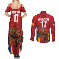 Custom Espana Rugby Spain Couples Matching Summer Maxi Dress and Long Sleeve Button Shirt Lion Mascot Come on Los Leones Red Style