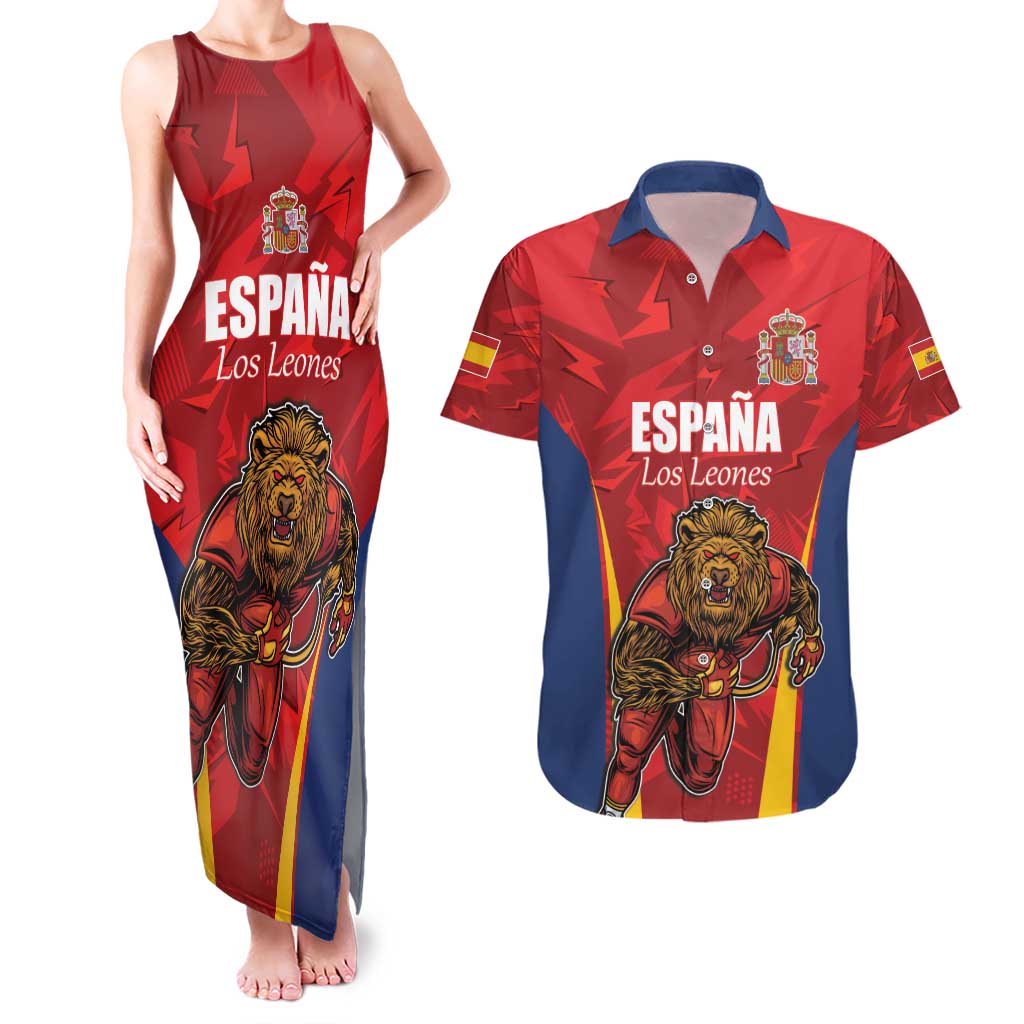Custom Espana Rugby Spain Couples Matching Tank Maxi Dress and Hawaiian Shirt Lion Mascot Come on Los Leones Red Style