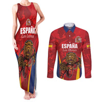 Custom Espana Rugby Spain Couples Matching Tank Maxi Dress and Long Sleeve Button Shirt Lion Mascot Come on Los Leones Red Style