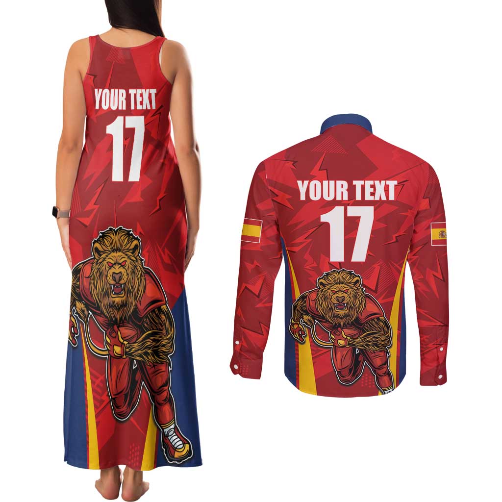 Custom Espana Rugby Spain Couples Matching Tank Maxi Dress and Long Sleeve Button Shirt Lion Mascot Come on Los Leones Red Style