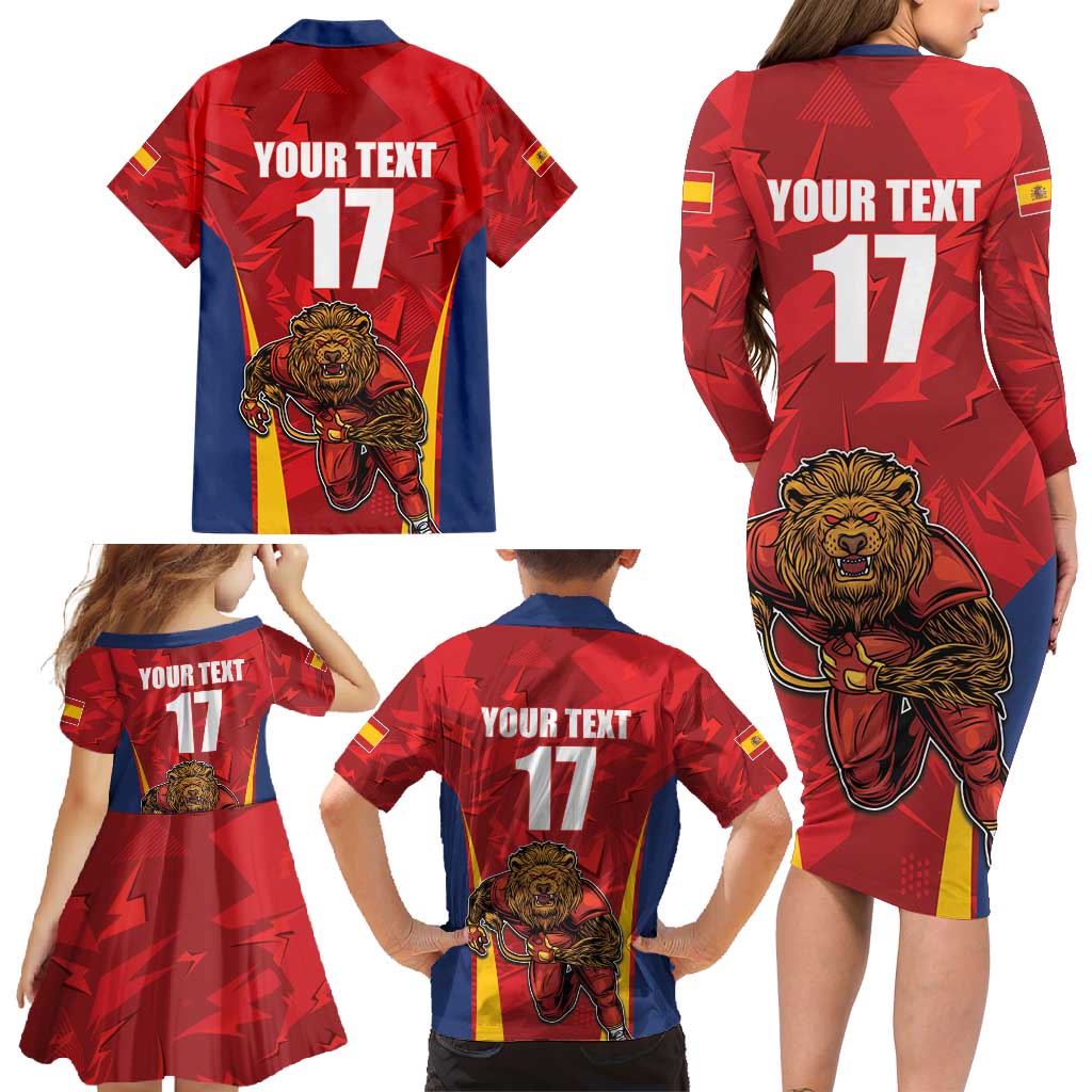 Custom Espana Rugby Spain Family Matching Long Sleeve Bodycon Dress and Hawaiian Shirt Lion Mascot Come on Los Leones Red Style