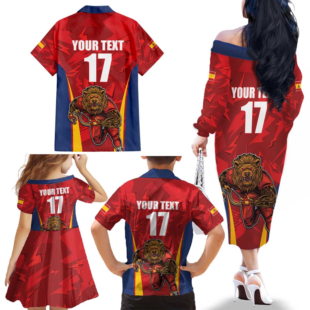 Custom Espana Rugby Spain Family Matching Off The Shoulder Long Sleeve Dress and Hawaiian Shirt Lion Mascot Come on Los Leones Red Style