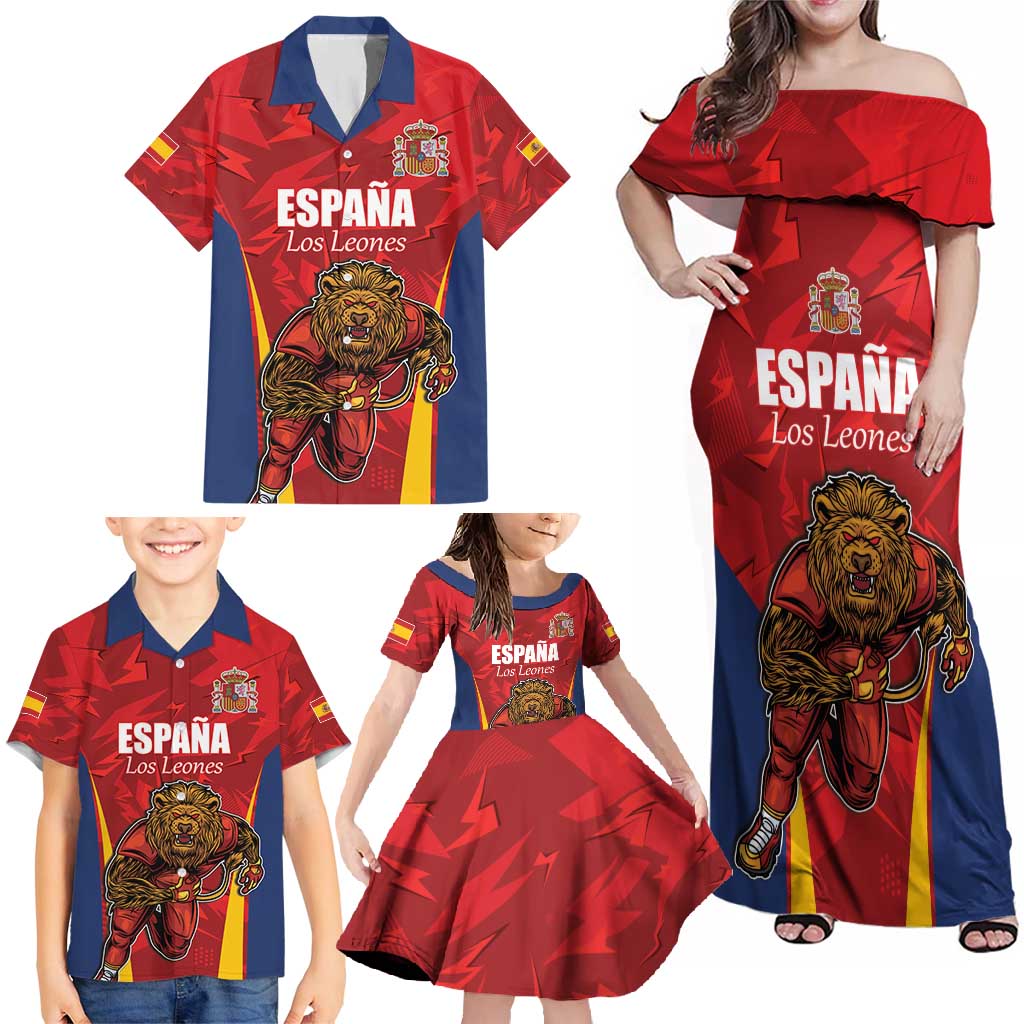 Custom Espana Rugby Spain Family Matching Off Shoulder Maxi Dress and Hawaiian Shirt Lion Mascot Come on Los Leones Red Style
