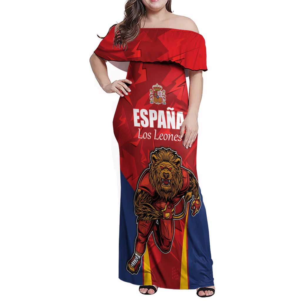 Custom Espana Rugby Spain Family Matching Off Shoulder Maxi Dress and Hawaiian Shirt Lion Mascot Come on Los Leones Red Style