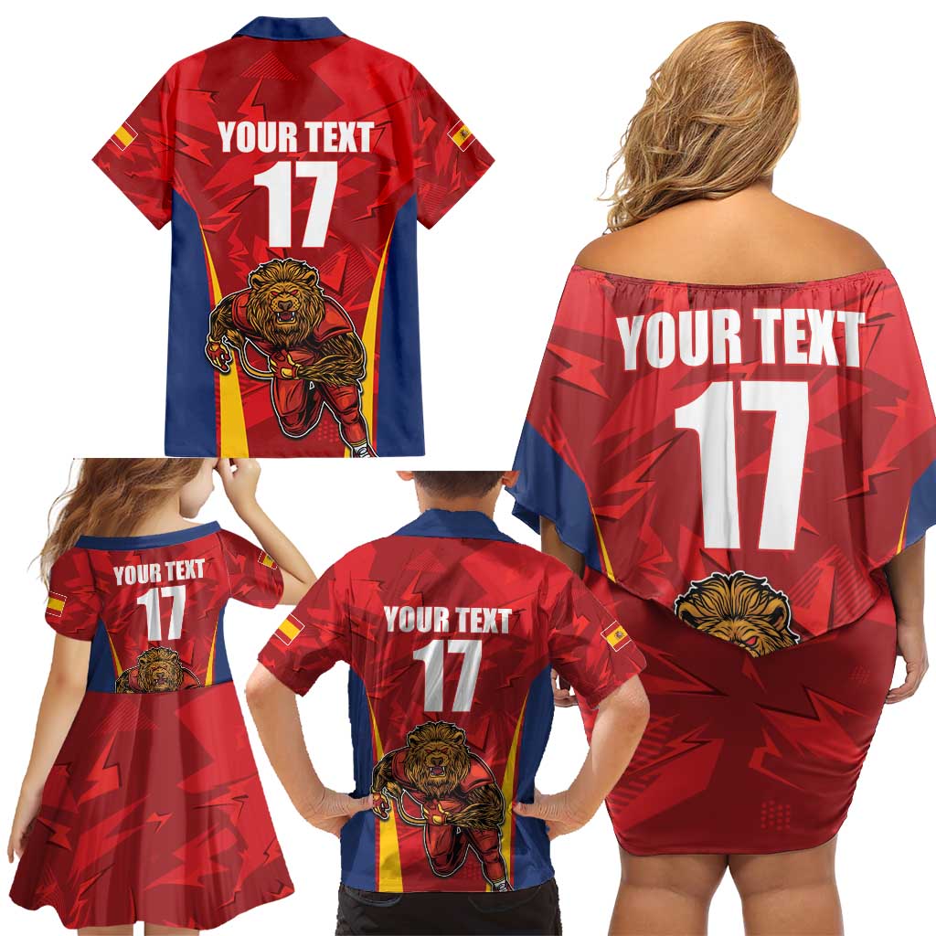 Custom Espana Rugby Spain Family Matching Off Shoulder Short Dress and Hawaiian Shirt Lion Mascot Come on Los Leones Red Style