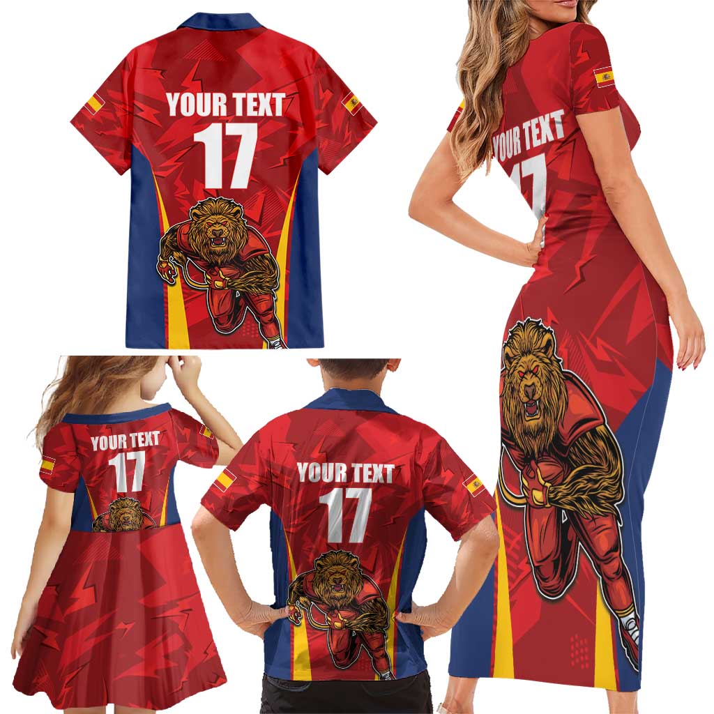 Custom Espana Rugby Spain Family Matching Short Sleeve Bodycon Dress and Hawaiian Shirt Lion Mascot Come on Los Leones Red Style