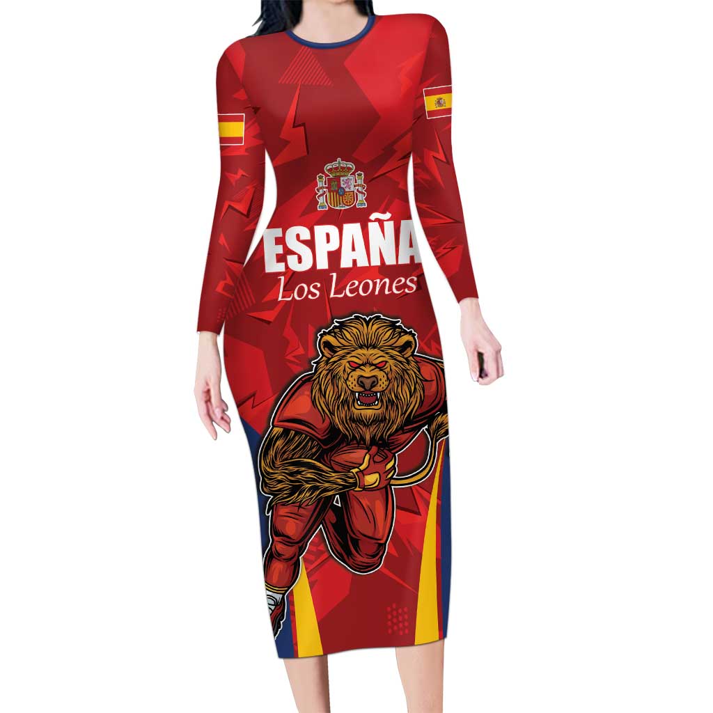 Custom Espana Rugby Spain Long Sleeve Bodycon Dress Lion Mascot Come on Los Leones Red Style