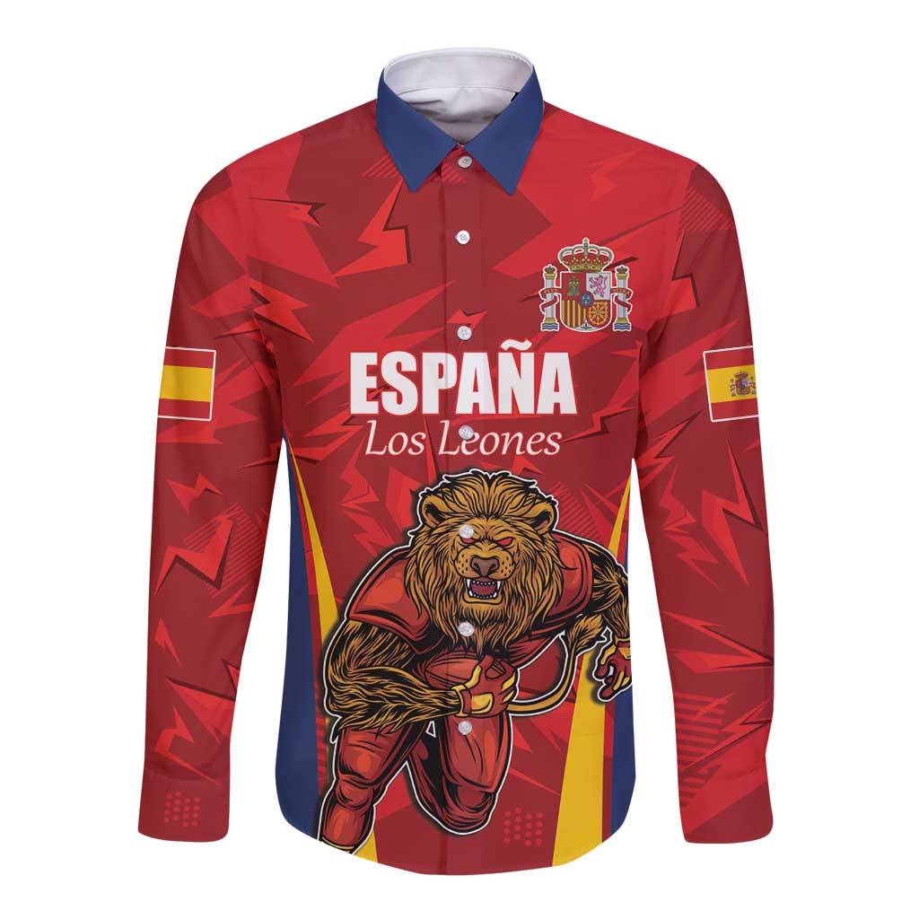 Custom Espana Rugby Spain Long Sleeve Button Shirt Lion Mascot Come on Los Leones Red Style