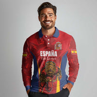 Custom Espana Rugby Spain Long Sleeve Polo Shirt Lion Mascot Come on Los Leones Red Style