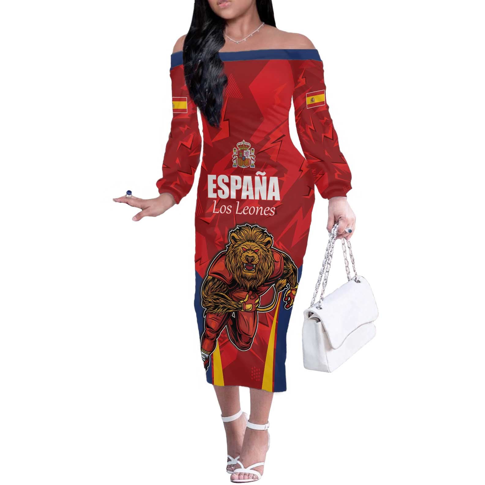 Custom Espana Rugby Spain Off The Shoulder Long Sleeve Dress Lion Mascot Come on Los Leones Red Style