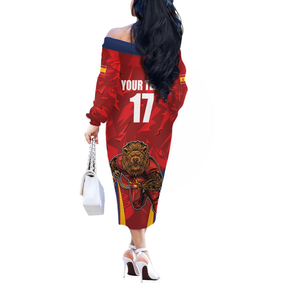 Custom Espana Rugby Spain Off The Shoulder Long Sleeve Dress Lion Mascot Come on Los Leones Red Style