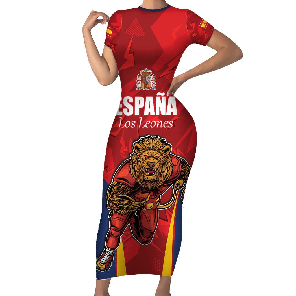 Custom Espana Rugby Spain Short Sleeve Bodycon Dress Lion Mascot Come on Los Leones Red Style
