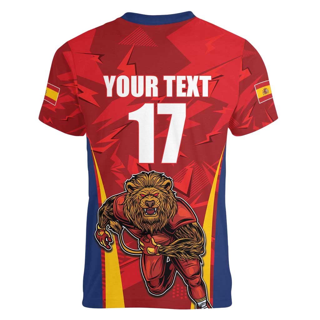 Custom Espana Rugby Spain Women V-Neck T-Shirt Lion Mascot Come on Los Leones Red Style