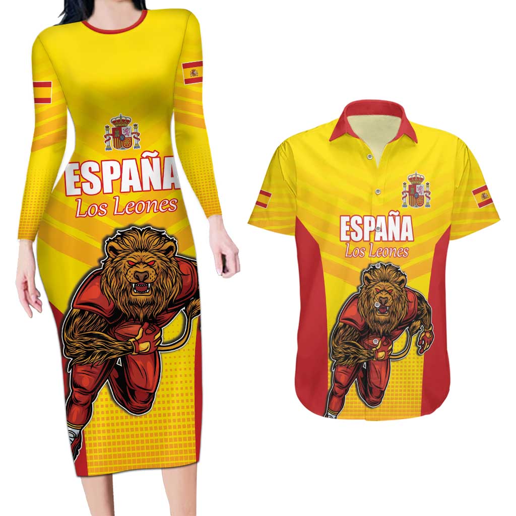 Custom Espana Rugby Spain Couples Matching Long Sleeve Bodycon Dress and Hawaiian Shirt Lion Mascot Come on Los Leones Yellow Style