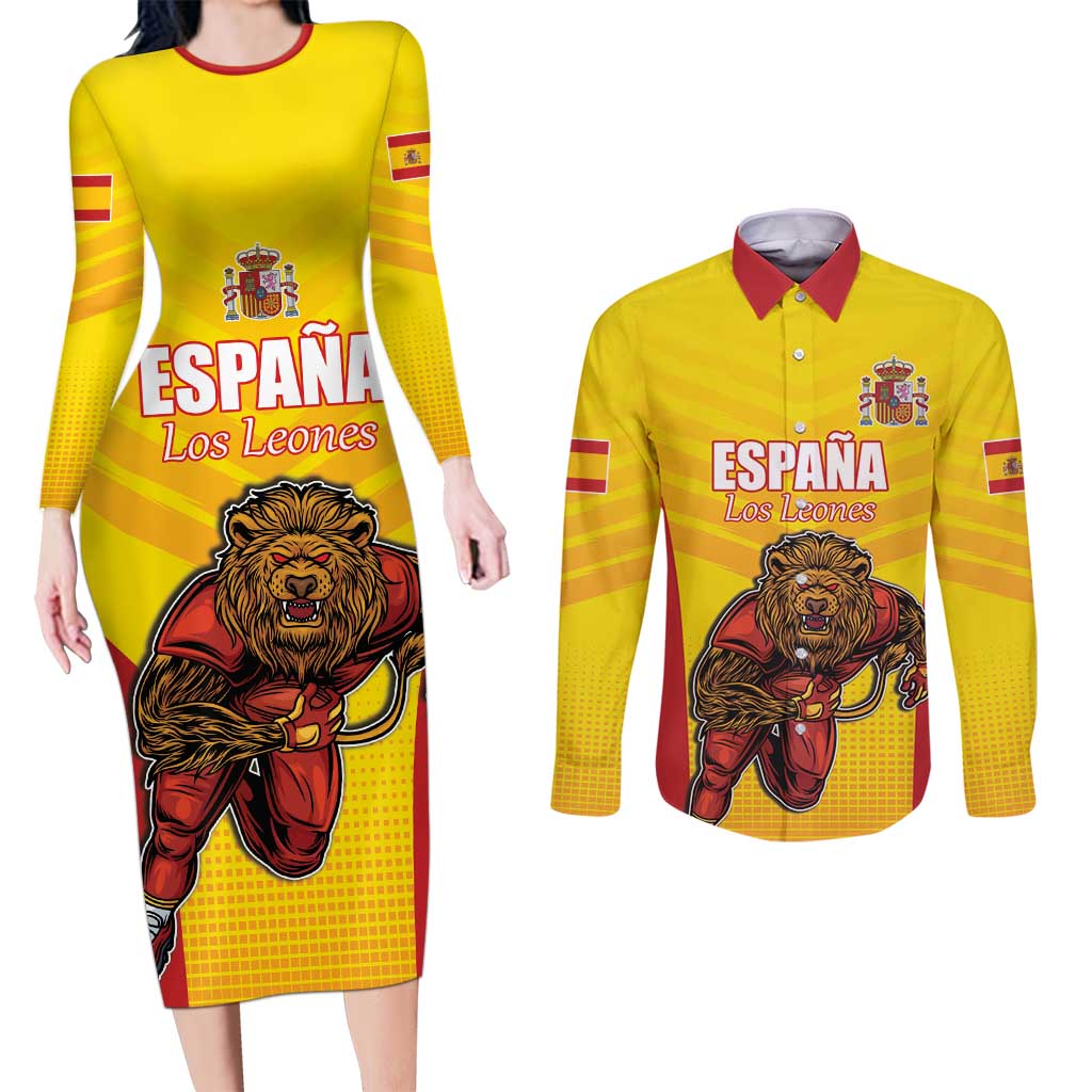 Custom Espana Rugby Spain Couples Matching Long Sleeve Bodycon Dress and Long Sleeve Button Shirt Lion Mascot Come on Los Leones Yellow Style