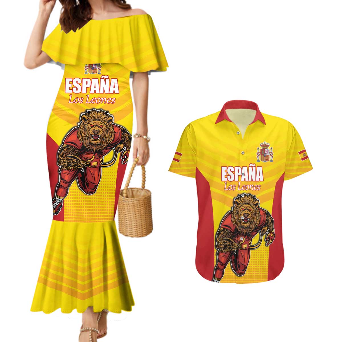 Custom Espana Rugby Spain Couples Matching Mermaid Dress and Hawaiian Shirt Lion Mascot Come on Los Leones Yellow Style