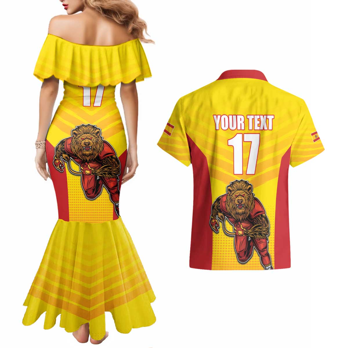 Custom Espana Rugby Spain Couples Matching Mermaid Dress and Hawaiian Shirt Lion Mascot Come on Los Leones Yellow Style