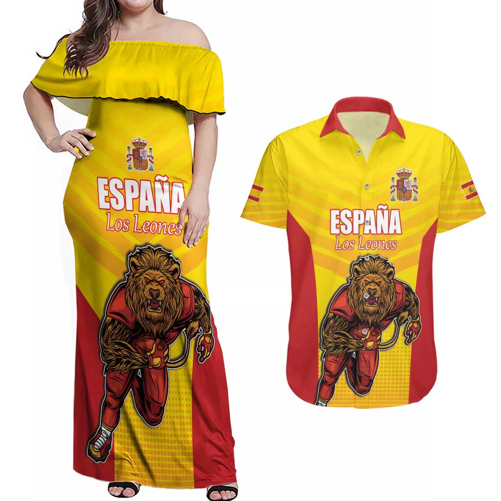 Custom Espana Rugby Spain Couples Matching Off Shoulder Maxi Dress and Hawaiian Shirt Lion Mascot Come on Los Leones Yellow Style