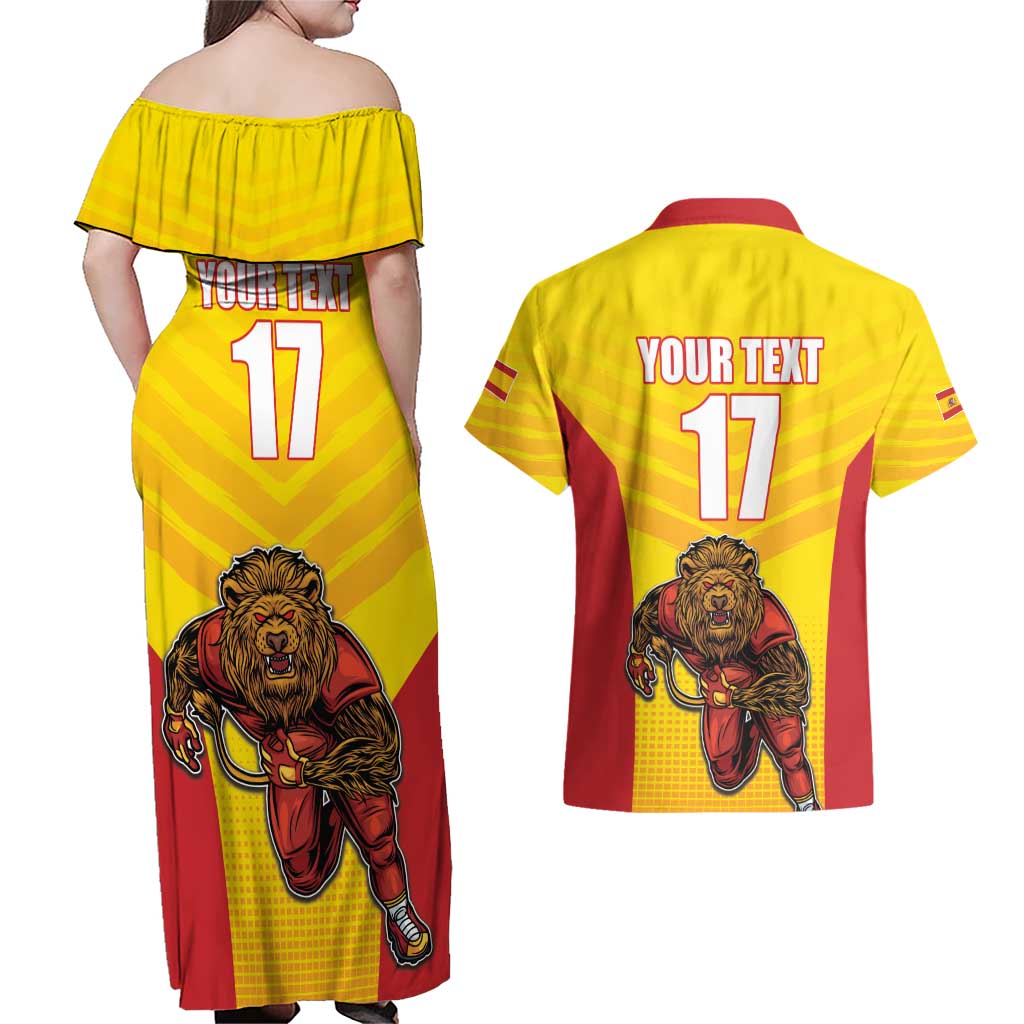Custom Espana Rugby Spain Couples Matching Off Shoulder Maxi Dress and Hawaiian Shirt Lion Mascot Come on Los Leones Yellow Style