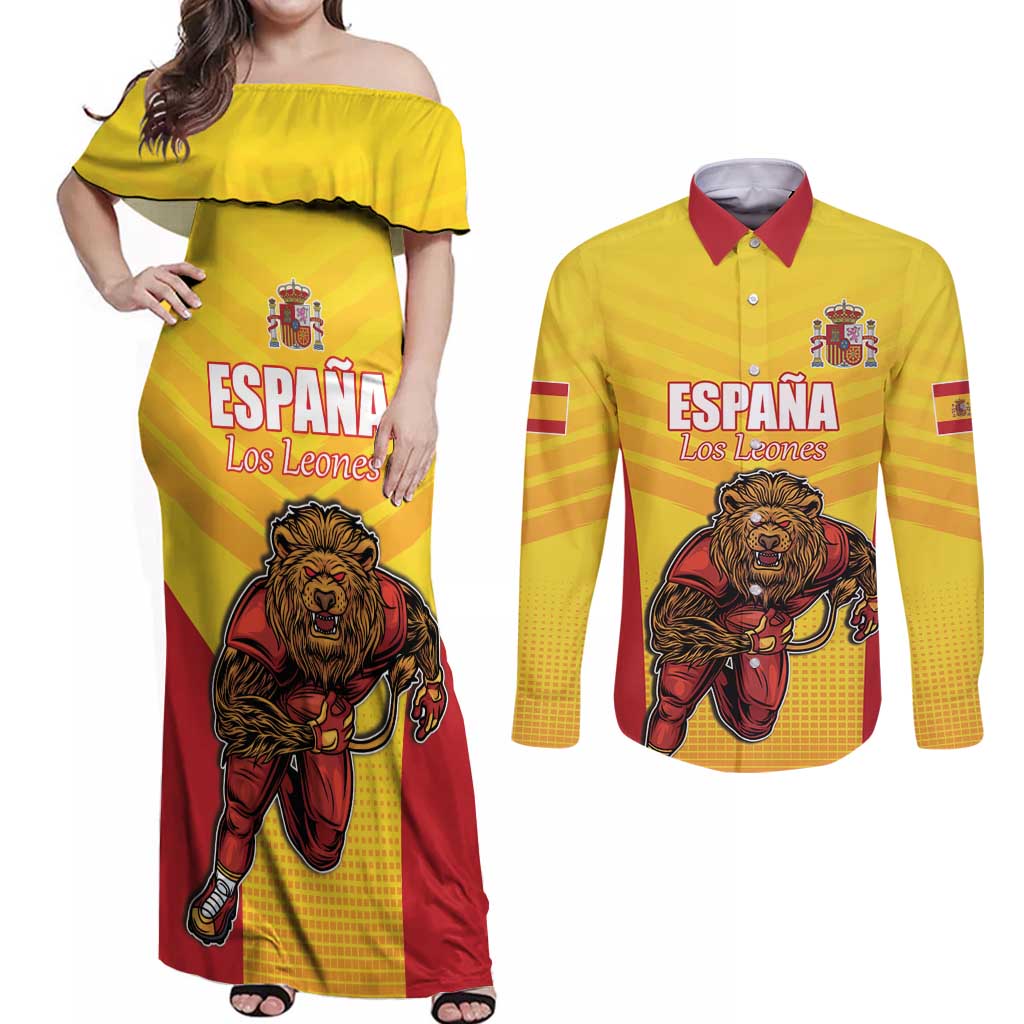 Custom Espana Rugby Spain Couples Matching Off Shoulder Maxi Dress and Long Sleeve Button Shirt Lion Mascot Come on Los Leones Yellow Style