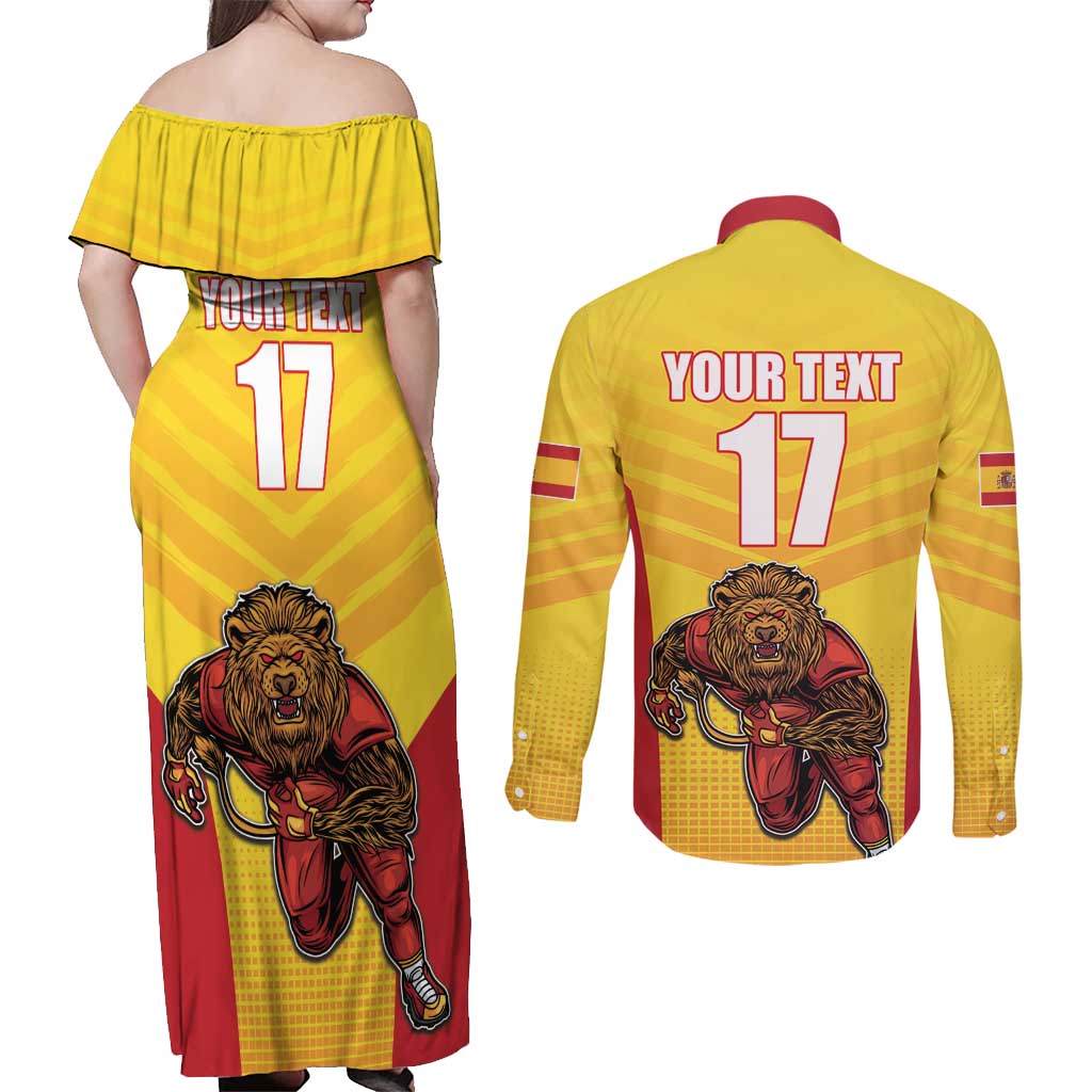 Custom Espana Rugby Spain Couples Matching Off Shoulder Maxi Dress and Long Sleeve Button Shirt Lion Mascot Come on Los Leones Yellow Style