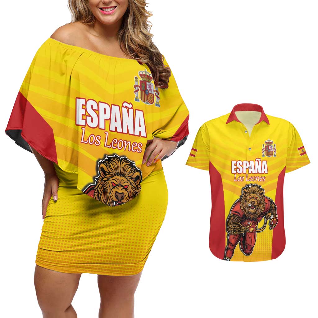 Custom Espana Rugby Spain Couples Matching Off Shoulder Short Dress and Hawaiian Shirt Lion Mascot Come on Los Leones Yellow Style