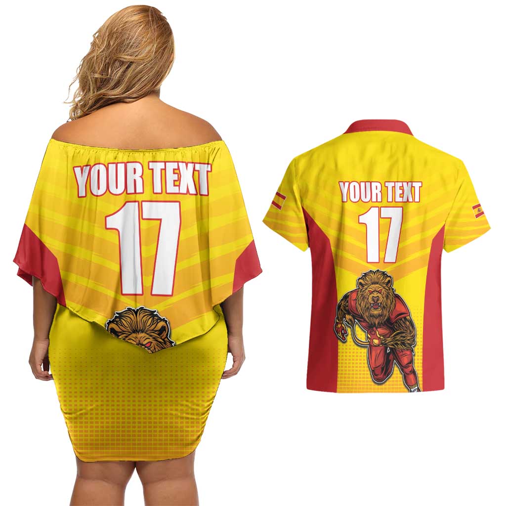 Custom Espana Rugby Spain Couples Matching Off Shoulder Short Dress and Hawaiian Shirt Lion Mascot Come on Los Leones Yellow Style