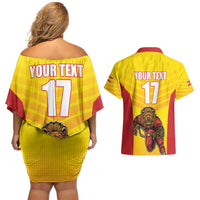 Custom Espana Rugby Spain Couples Matching Off Shoulder Short Dress and Hawaiian Shirt Lion Mascot Come on Los Leones Yellow Style