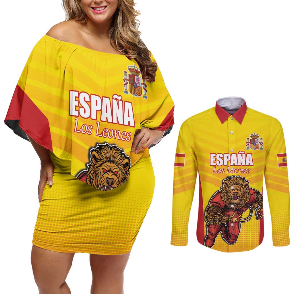 Custom Espana Rugby Spain Couples Matching Off Shoulder Short Dress and Long Sleeve Button Shirt Lion Mascot Come on Los Leones Yellow Style