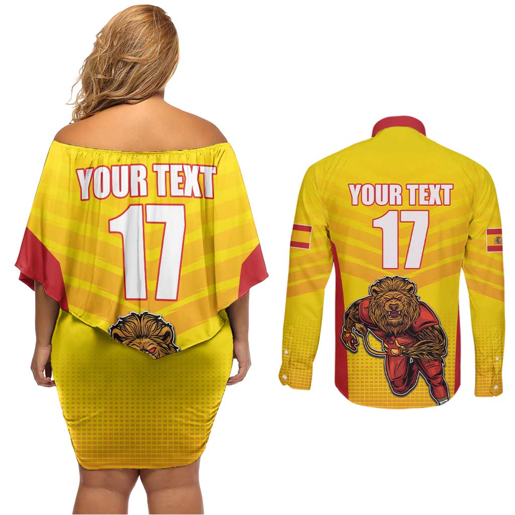 Custom Espana Rugby Spain Couples Matching Off Shoulder Short Dress and Long Sleeve Button Shirt Lion Mascot Come on Los Leones Yellow Style