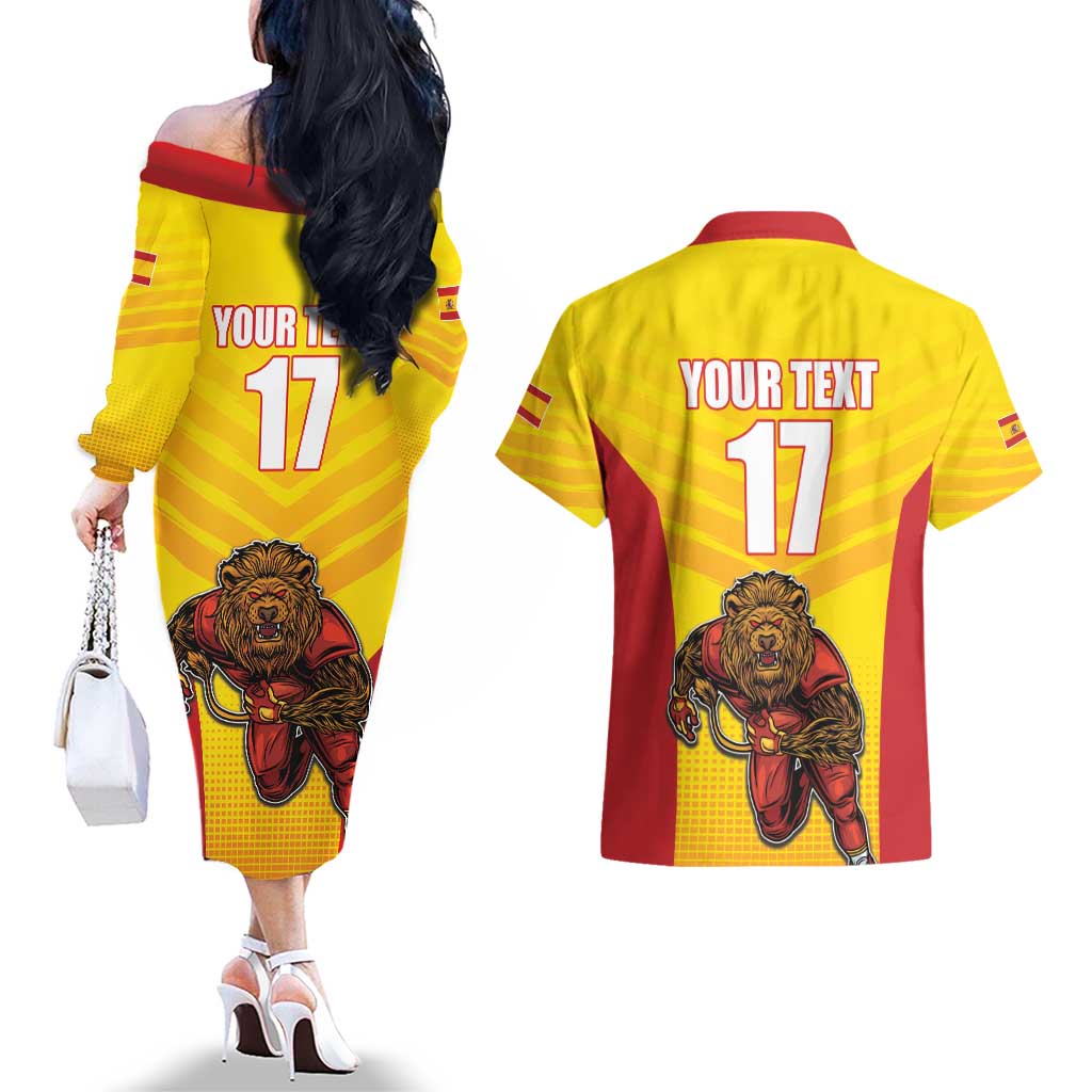 Custom Espana Rugby Spain Couples Matching Off The Shoulder Long Sleeve Dress and Hawaiian Shirt Lion Mascot Come on Los Leones Yellow Style