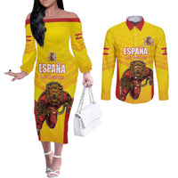 Custom Espana Rugby Spain Couples Matching Off The Shoulder Long Sleeve Dress and Long Sleeve Button Shirt Lion Mascot Come on Los Leones Yellow Style