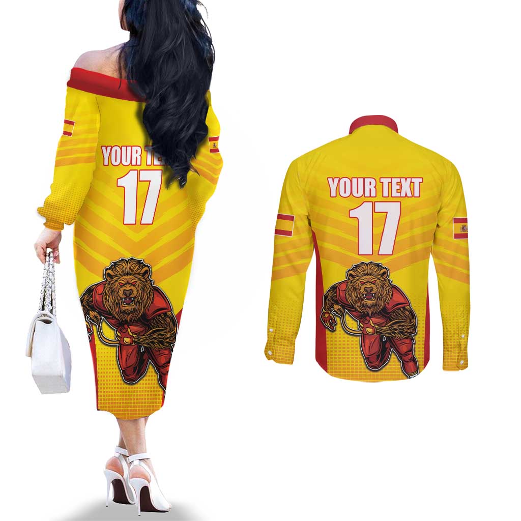 Custom Espana Rugby Spain Couples Matching Off The Shoulder Long Sleeve Dress and Long Sleeve Button Shirt Lion Mascot Come on Los Leones Yellow Style