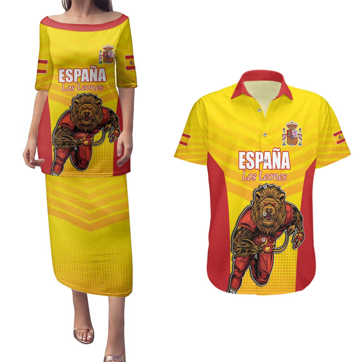 Custom Espana Rugby Spain Couples Matching Puletasi and Hawaiian Shirt Lion Mascot Come on Los Leones Yellow Style
