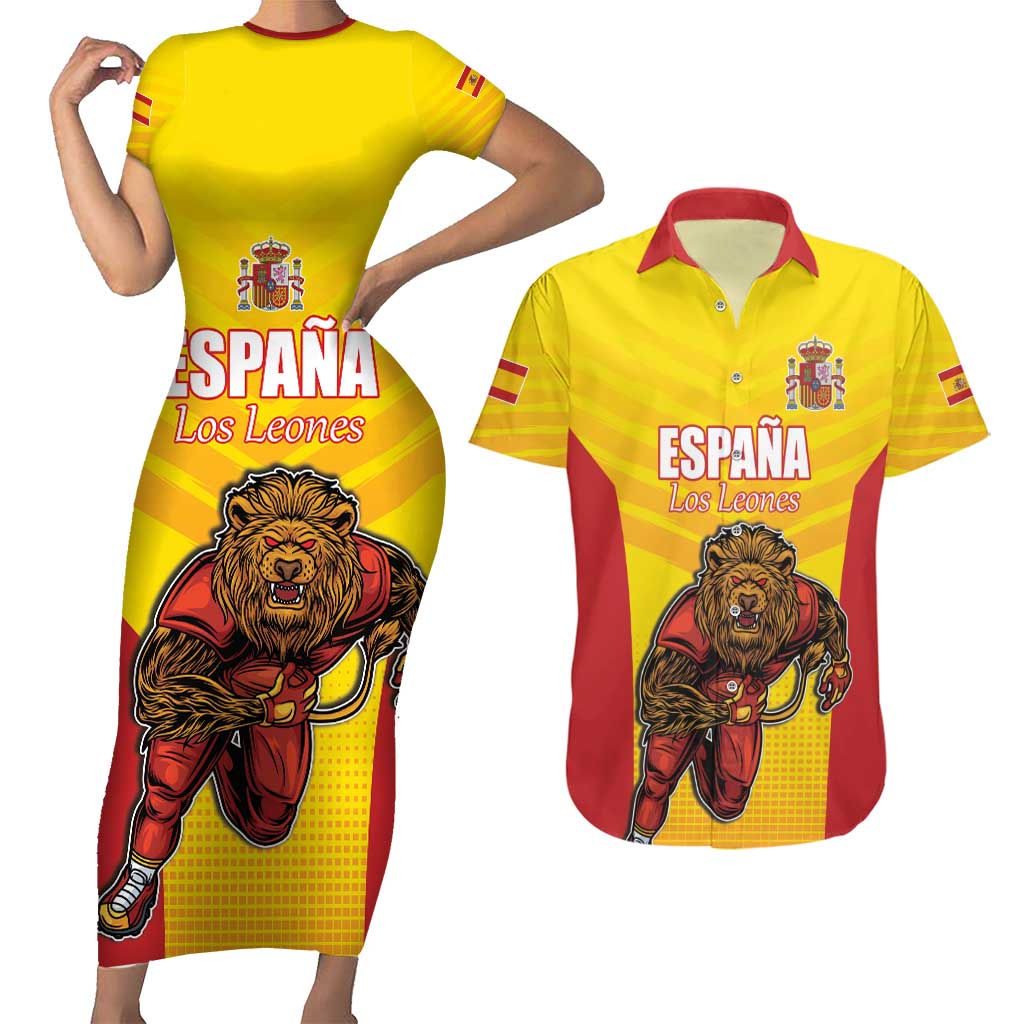Custom Espana Rugby Spain Couples Matching Short Sleeve Bodycon Dress and Hawaiian Shirt Lion Mascot Come on Los Leones Yellow Style