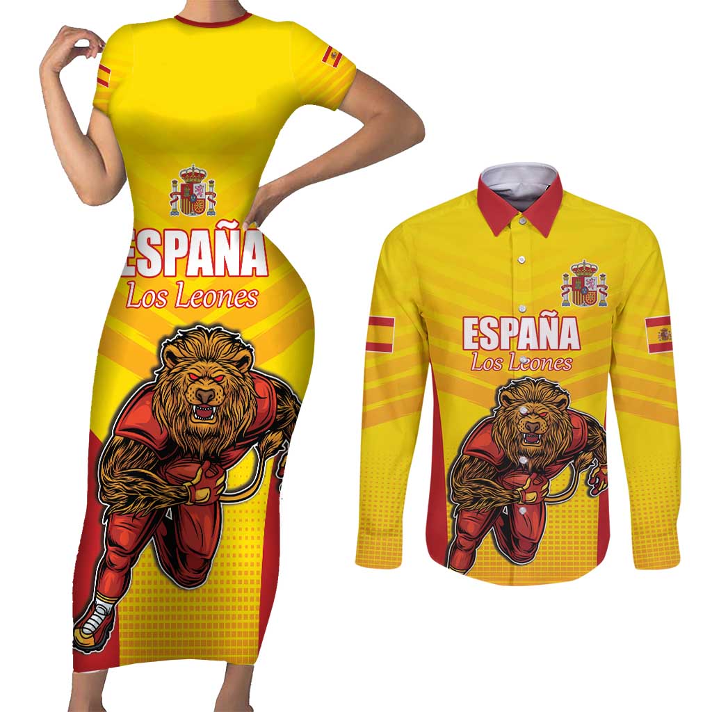 Custom Espana Rugby Spain Couples Matching Short Sleeve Bodycon Dress and Long Sleeve Button Shirt Lion Mascot Come on Los Leones Yellow Style
