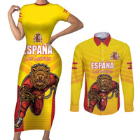 Custom Espana Rugby Spain Couples Matching Short Sleeve Bodycon Dress and Long Sleeve Button Shirt Lion Mascot Come on Los Leones Yellow Style