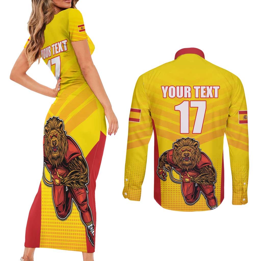 Custom Espana Rugby Spain Couples Matching Short Sleeve Bodycon Dress and Long Sleeve Button Shirt Lion Mascot Come on Los Leones Yellow Style