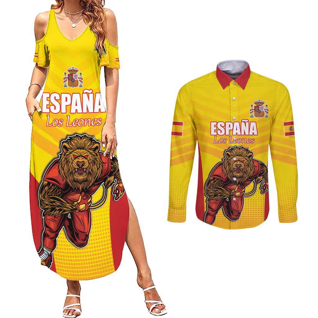 Custom Espana Rugby Spain Couples Matching Summer Maxi Dress and Long Sleeve Button Shirt Lion Mascot Come on Los Leones Yellow Style