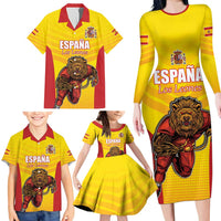 Custom Espana Rugby Spain Family Matching Long Sleeve Bodycon Dress and Hawaiian Shirt Lion Mascot Come on Los Leones Yellow Style