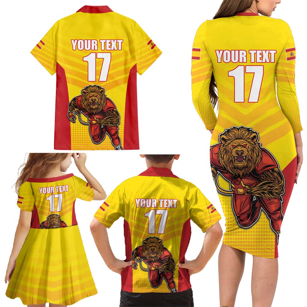 Custom Espana Rugby Spain Family Matching Long Sleeve Bodycon Dress and Hawaiian Shirt Lion Mascot Come on Los Leones Yellow Style