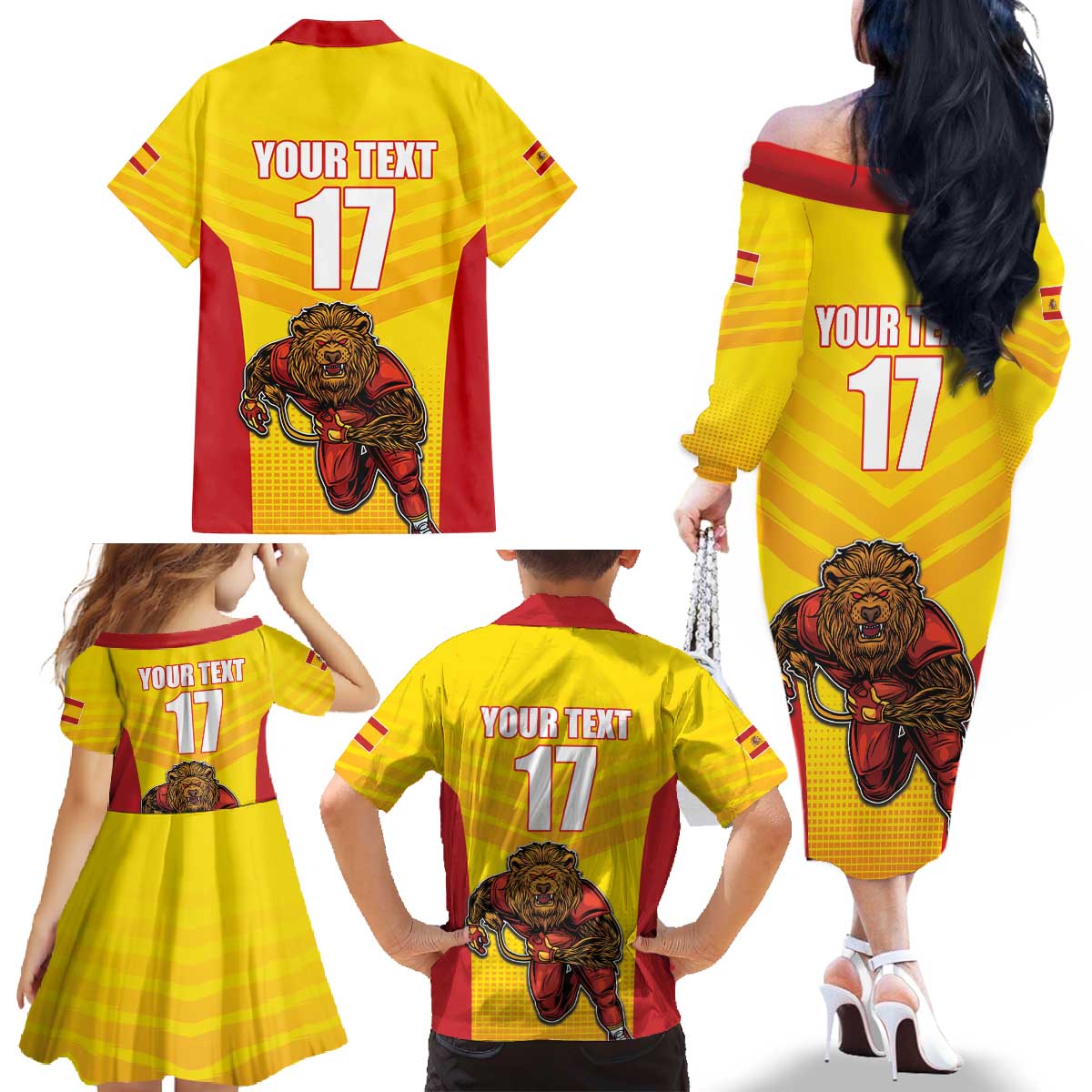 Custom Espana Rugby Spain Family Matching Off The Shoulder Long Sleeve Dress and Hawaiian Shirt Lion Mascot Come on Los Leones Yellow Style