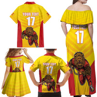 Custom Espana Rugby Spain Family Matching Off Shoulder Maxi Dress and Hawaiian Shirt Lion Mascot Come on Los Leones Yellow Style