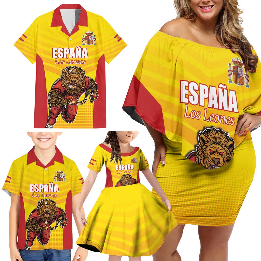 Custom Espana Rugby Spain Family Matching Off Shoulder Short Dress and Hawaiian Shirt Lion Mascot Come on Los Leones Yellow Style