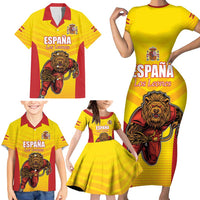 Custom Espana Rugby Spain Family Matching Short Sleeve Bodycon Dress and Hawaiian Shirt Lion Mascot Come on Los Leones Yellow Style