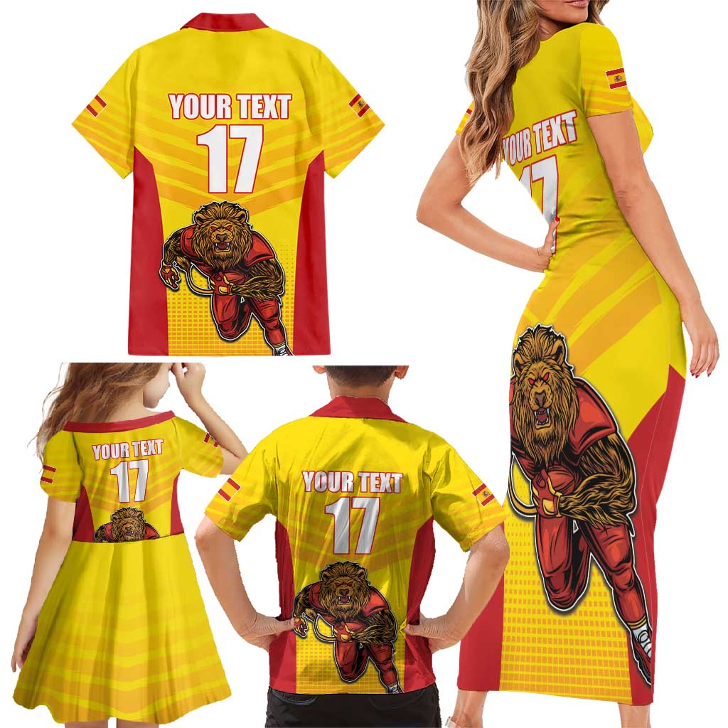 Custom Espana Rugby Spain Family Matching Short Sleeve Bodycon Dress and Hawaiian Shirt Lion Mascot Come on Los Leones Yellow Style